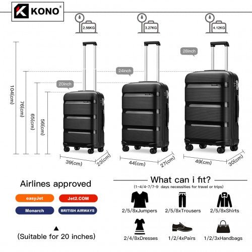 K2092L - Kono Bright Hard Shell PP Suitcase 3 Pieces Set - Classic Collection - Black - Easy Luggage