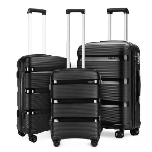 K2092L - Kono Bright Hard Shell PP Suitcase 3 Pieces Set - Classic Collection - Black - Easy Luggage