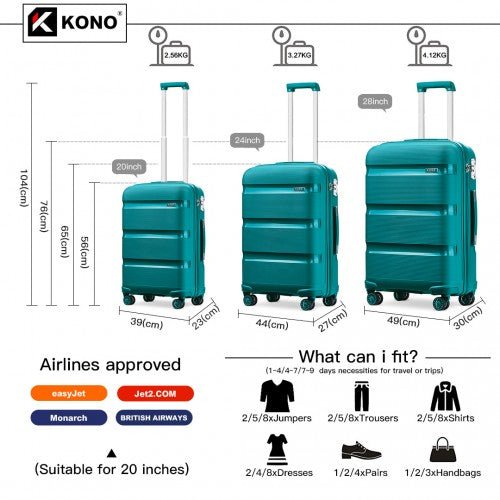 K2092L - Kono Bright Hard Shell PP Suitcase 3 Pieces Set - Classic Collection - Blue/Green - Easy Luggage