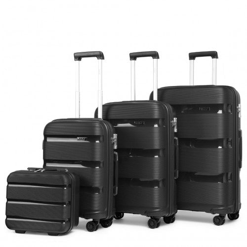 K2092L - Kono Bright Hard Shell PP Suitcase With TSA Lock And Vanity Case 4 Pieces Set - Classic Collection - Black - Easy Luggage