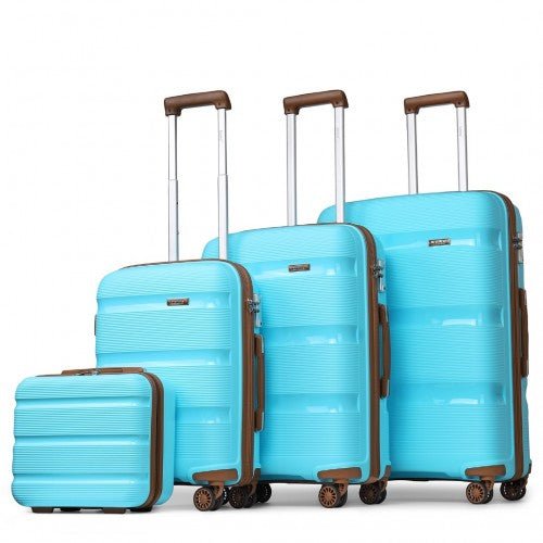 K2092L - Kono Bright Hard Shell PP Suitcase With TSA Lock And Vanity Case 4 Pieces Set - Classic Collection - Blue and Brown - Easy Luggage