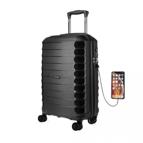 K2093 - Kono Cabin Size Classic Collection Polypropylene Luggage with Charging Interface - Black - Easy Luggage