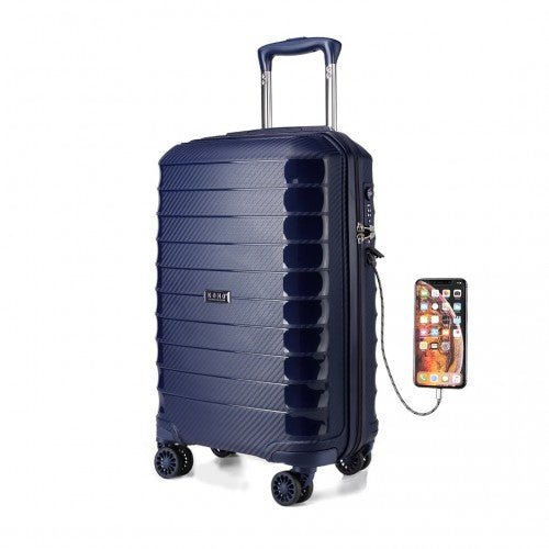 K2093 - Kono Cabin Size Classic Collection Polypropylene Luggage with Charging Interface - Navy Blue - Easy Luggage