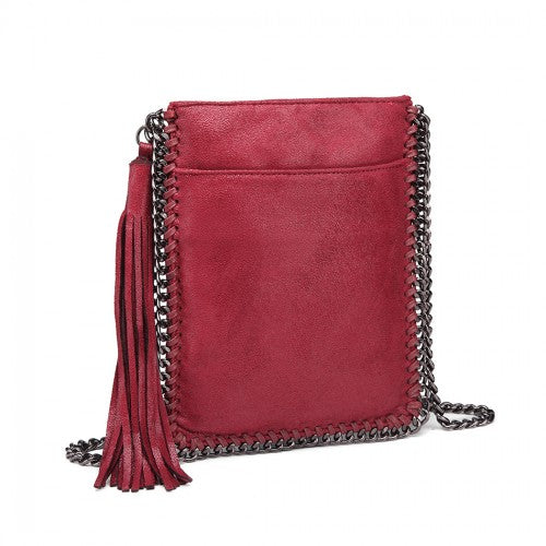 Easy Luggage E6845 - Miss Lulu Leather Look Chain Shoulder Bag with Tassel Pendant - Burgundy