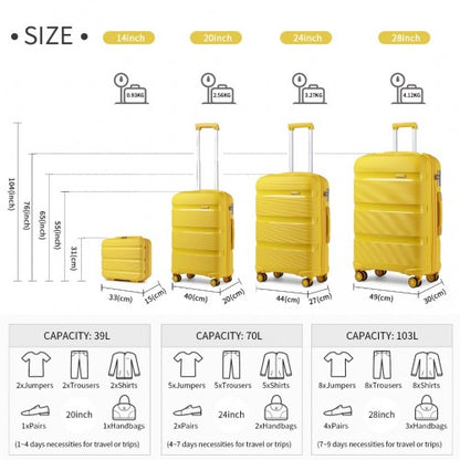 Easy Luggage K2092L - Kono Bright Hard Shell PP Suitcase With TSA Lock And Vanity Case 4 Pieces Set - Classic Collection - Yellow