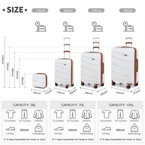 Easy Luggage K2094L - Kono Lightweight Polypropylene Hard Shell 4 Piece Suitcase Set With TSA Lock And Vanity Case - Cream