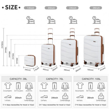 Easy Luggage K2094L - Kono Lightweight Polypropylene Hard Shell 4 Piece Suitcase Set With TSA Lock And Vanity Case - Cream