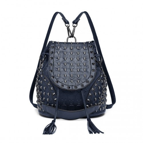 Easy Luggage L1414 - Miss Lulu Skull Studded Backpack Shoulder Bag - Navy