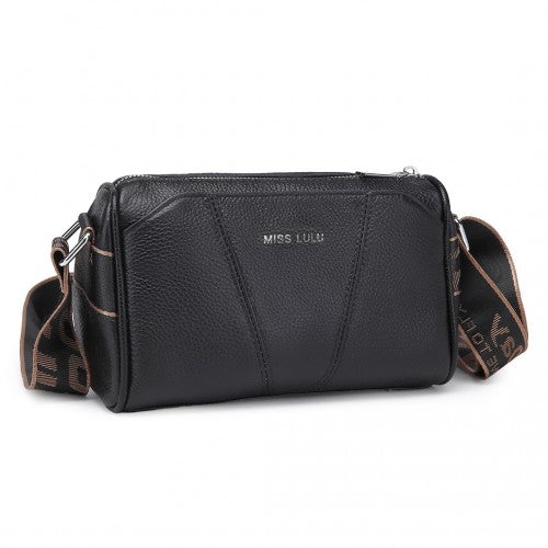 Easy Luggage L2310 - Miss Lulu Simple And Elegant Wide Strap Genuine Leather Crossbody Bag - Black