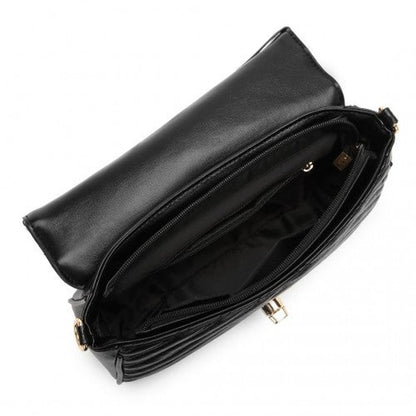 Easy Luggage LB2138 - Miss Lulu V-quilted Flap Leather Shoulder Bag - Black