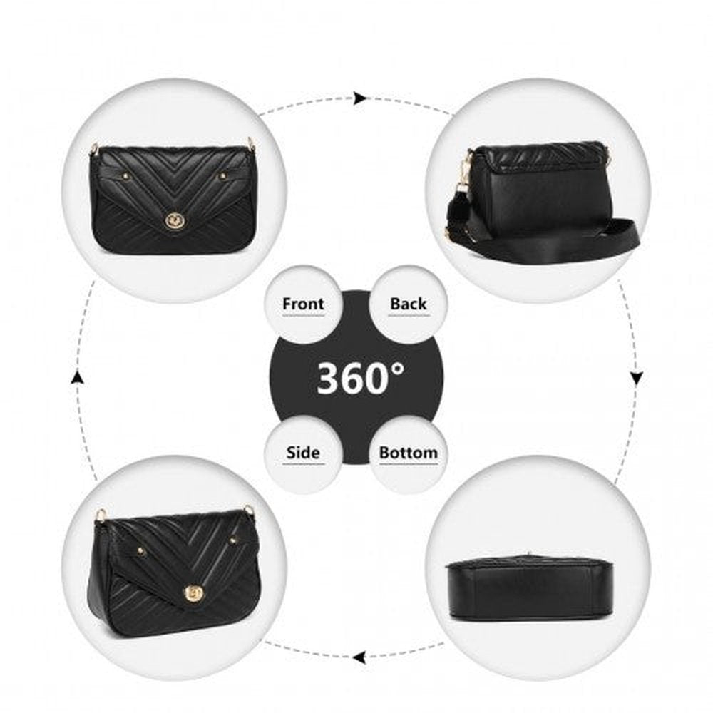 Easy Luggage LB2138 - Miss Lulu V-quilted Flap Leather Shoulder Bag - Black