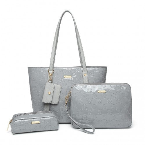 Easy Luggage LD2217 - Miss Lulu 4 Pieces Glossy Leather Tote Bag Set - Grey