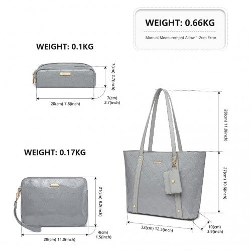 Easy Luggage LD2217 - Miss Lulu 4 Pieces Glossy Leather Tote Bag Set - Grey