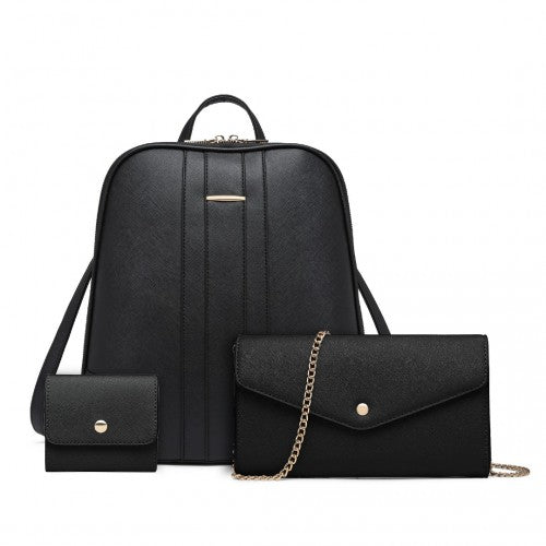 Easy Luggage LD2249 - Miss Lulu 3 Piece Elegant Leather Backpack Set - Black