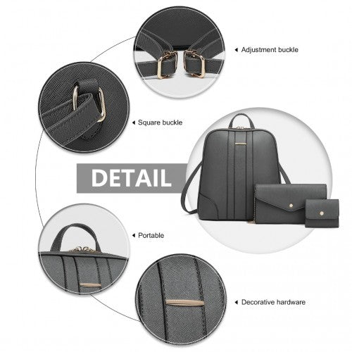 Easy Luggage LD2249 - Miss Lulu 3 Piece Elegant Leather Backpack Set - Grey