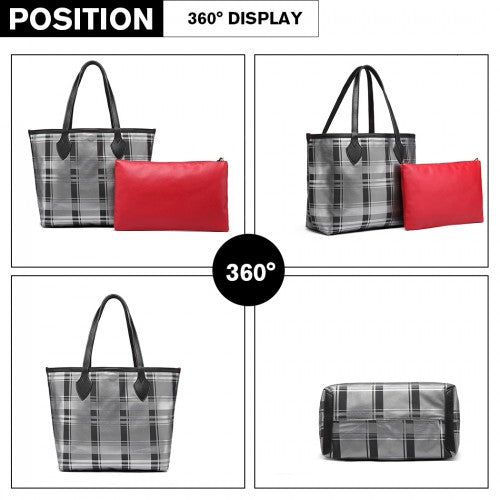 Easy Luggage LD6825 - Miss Lulu Check Pattern Reversible 2 Piece Tote and Clutch Bag Set - Silver