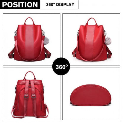 Easy Luggage LG1903 - Miss Lulu Two Way Backpack Shoulder Bag with Pom Pom Pendant - Red