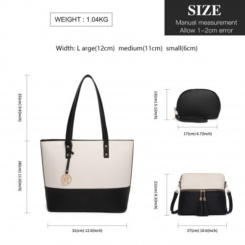 Easy Luggage LG2023 - Miss Lulu 3 Piece Leather Look Tote Bag Set - Black And Beige