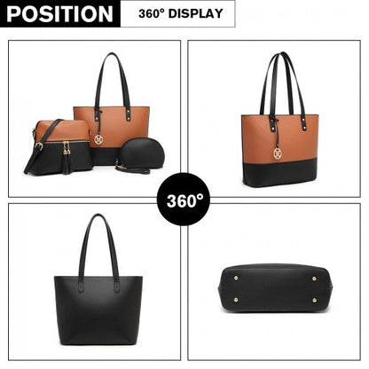 Easy Luggage LG2023 - Miss Lulu 3 Piece Leather Look Tote Bag Set - Black And Brown