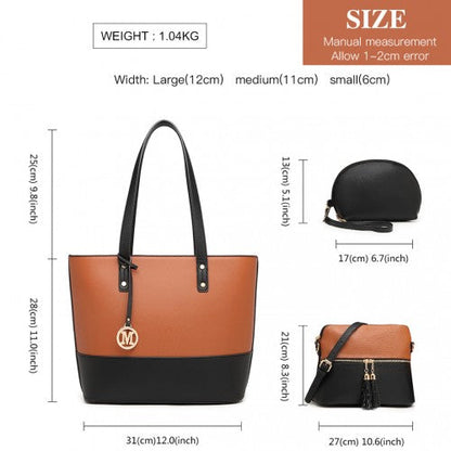 Easy Luggage LG2023 - Miss Lulu 3 Piece Leather Look Tote Bag Set - Black And Brown