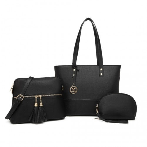 Easy Luggage LG2023 - Miss Lulu 3 Piece Leather Look Tote Bag Set - Black