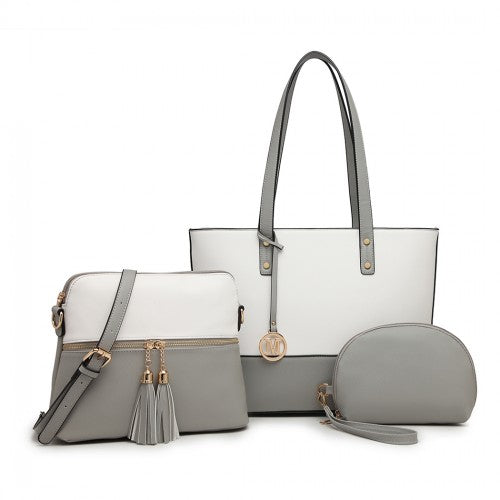 Easy Luggage LG2023 - Miss Lulu 3 Piece Leather Look Tote Bag Set - Grey And White
