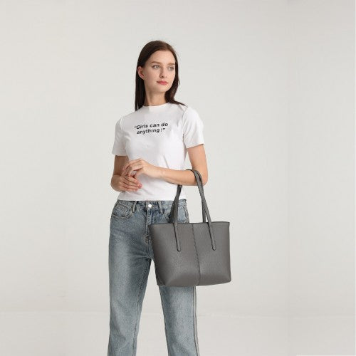 Easy Luggage LG2062 - Miss Lulu Leather Look Simple Casual Tote Bag - Grey