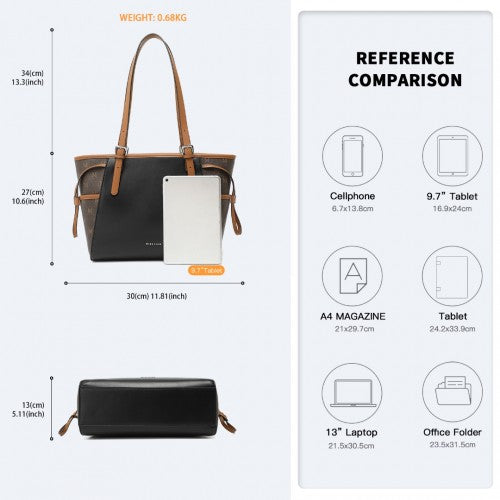 Easy Luggage LG2322 - Miss Lulu Elegant Tote Bag With Monogram Pattern - Black And Brown