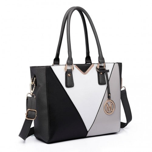 Easy Luggage LG6632 - Miss Lulu Leather Look V-Shape Multicolour Tote Bag Grey