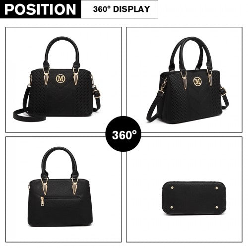 Easy Luggage LG6865 - Miss Lulu Leather Look Weave Effect Shoulder Bag - Black