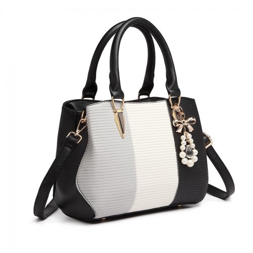 Easy Luggage LG6866 - Miss Lulu Leather Look Colour Block Bow Pendant Handbag - Black