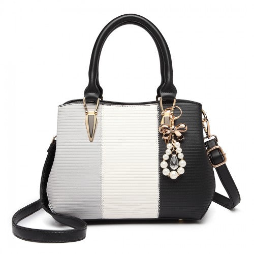 Easy Luggage LG6866 - Miss Lulu Leather Look Colour Block Bow Pendant Handbag - Black