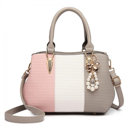 Easy Luggage LG6866 - Miss Lulu Leather Look Colour Block Bow Pendant Handbag - Grey