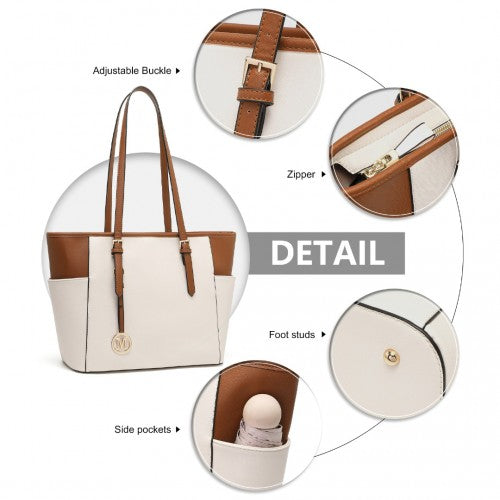 Easy Luggage LM1642-1 - Miss Lulu Faux Leather Adjustable Handle Tote Bag - Beige And Light Brown