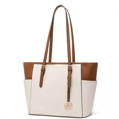 Easy Luggage LM1642-1 - Miss Lulu Faux Leather Adjustable Handle Tote Bag - Beige And Light Brown