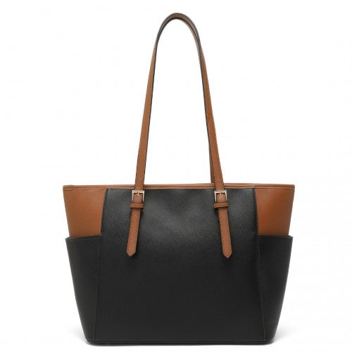 Easy Luggage LM1642-1 - Miss Lulu Faux Leather Adjustable Handle Tote Bag - Black And Brown