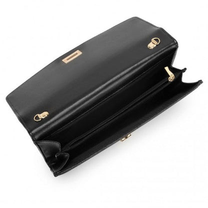 Easy Luggage LP2219 - Miss Lulu Elegant Flap Clutch Leather Chain Evening Bag - Black