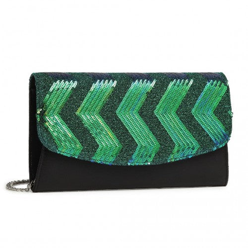 Easy Luggage LP2311 - Miss Lulu Gorgeous Sequins Evening Clutch Bag Chain Shoulder Bag - Black And Green