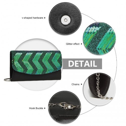 Easy Luggage LP2311 - Miss Lulu Gorgeous Sequins Evening Clutch Bag Chain Shoulder Bag - Black And Green