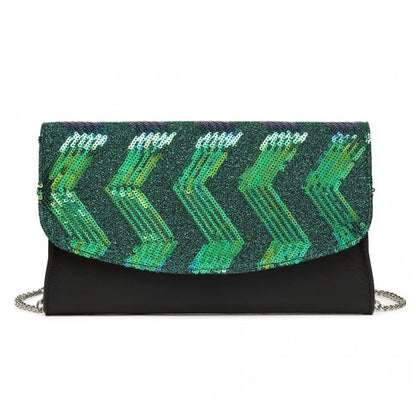 Easy Luggage LP2311 - Miss Lulu Gorgeous Sequins Evening Clutch Bag Chain Shoulder Bag - Black And Green