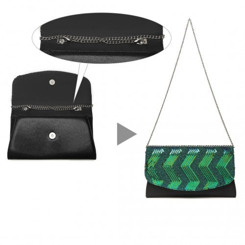 Easy Luggage LP2311 - Miss Lulu Gorgeous Sequins Evening Clutch Bag Chain Shoulder Bag - Black And Green