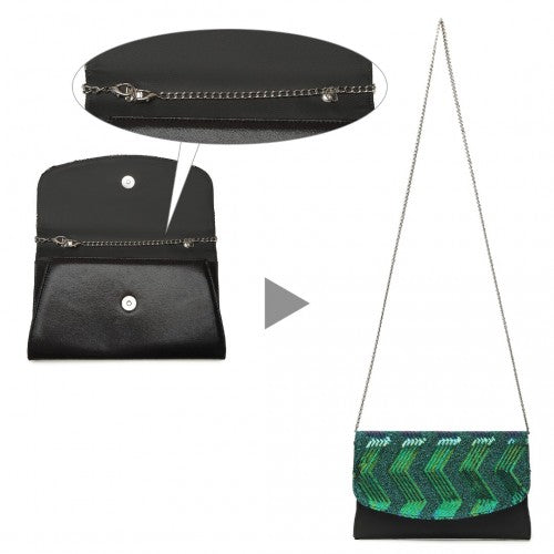 Easy Luggage LP2311 - Miss Lulu Gorgeous Sequins Evening Clutch Bag Chain Shoulder Bag - Black And Green