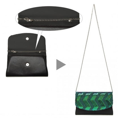 Easy Luggage LP2311 - Miss Lulu Gorgeous Sequins Evening Clutch Bag Chain Shoulder Bag - Black And Green