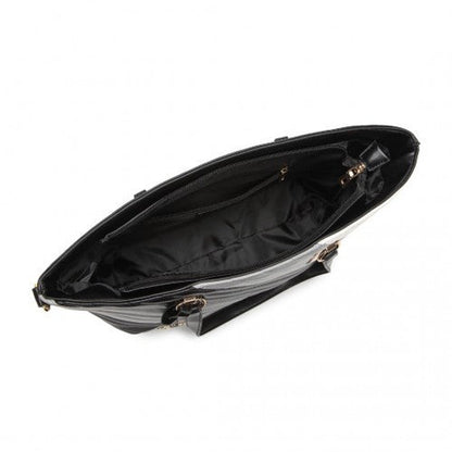 Easy Luggage LT2225 - Miss Lulu Contrast Colour Twill Leather Handbag Tote Bag - Black And Grey
