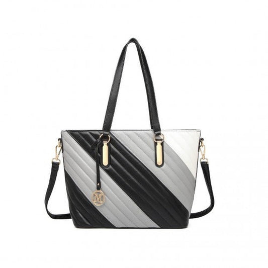 Easy Luggage LT2225 - Miss Lulu Contrast Colour Twill Leather Handbag Tote Bag - Black And Grey