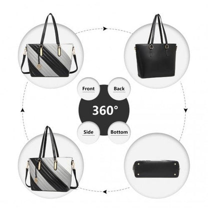 Easy Luggage LT2225 - Miss Lulu Contrast Colour Twill Leather Handbag Tote Bag - Black And Grey