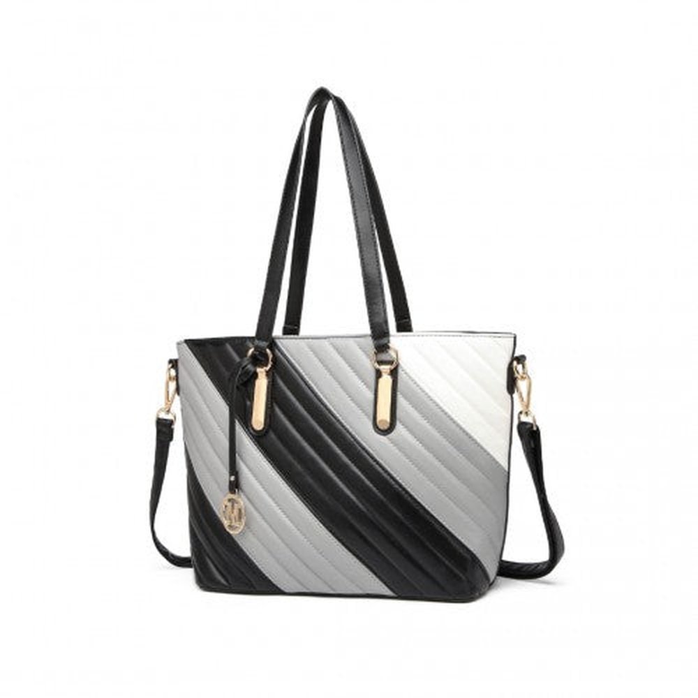 Easy Luggage LT2225 - Miss Lulu Contrast Colour Twill Leather Handbag Tote Bag - Black And Grey