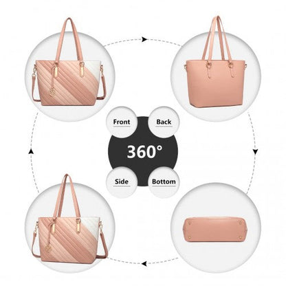 Easy Luggage LT2225 - Miss Lulu Contrast Colour Twill Leather Handbag Tote Bag - Pink