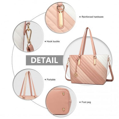 Easy Luggage LT2225 - Miss Lulu Contrast Colour Twill Leather Handbag Tote Bag - Pink