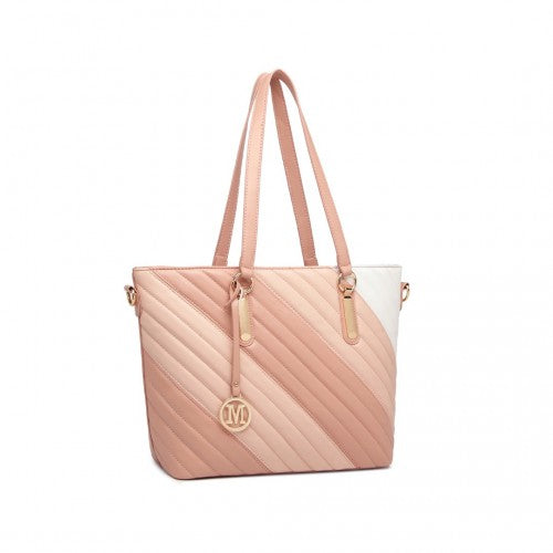 Easy Luggage LT2225 - Miss Lulu Contrast Colour Twill Leather Handbag Tote Bag - Pink